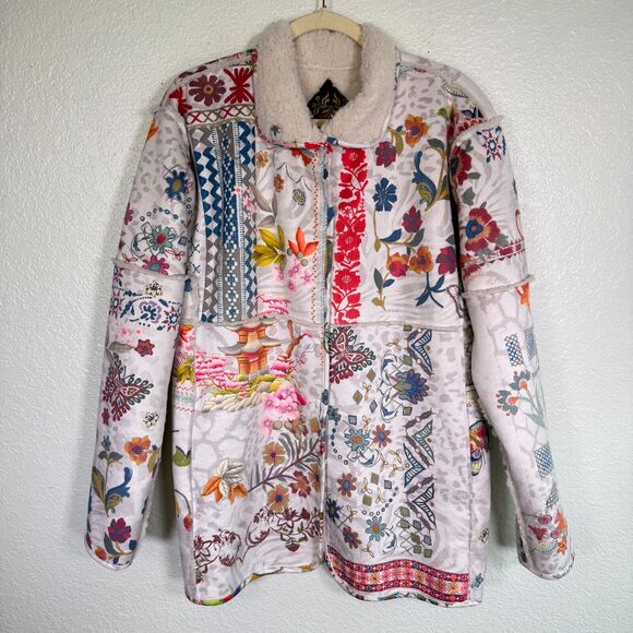 Johnny Was Gigianna Jacket Womens Small Faux Suede Sherpa Coat Floral Boho NEW